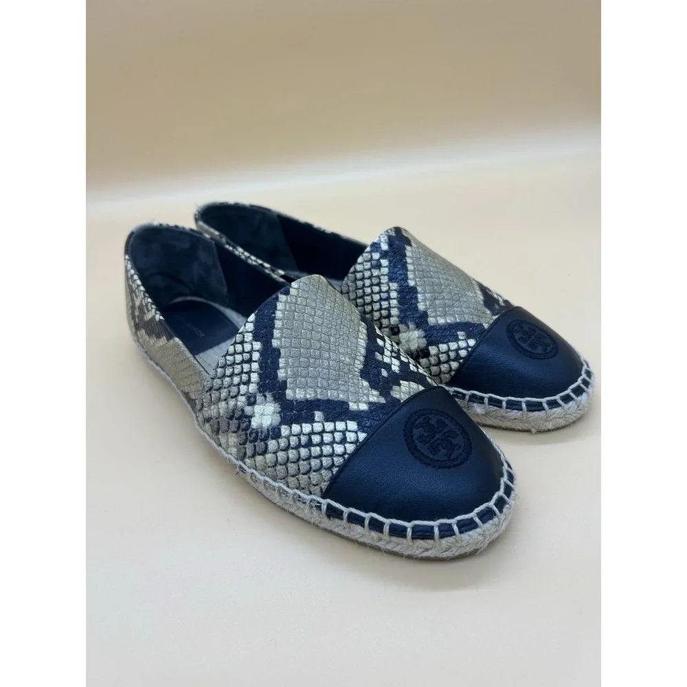 Tory Burch Snake Embossed Espadrille Flats Women's Size 9 Black Beige 12423